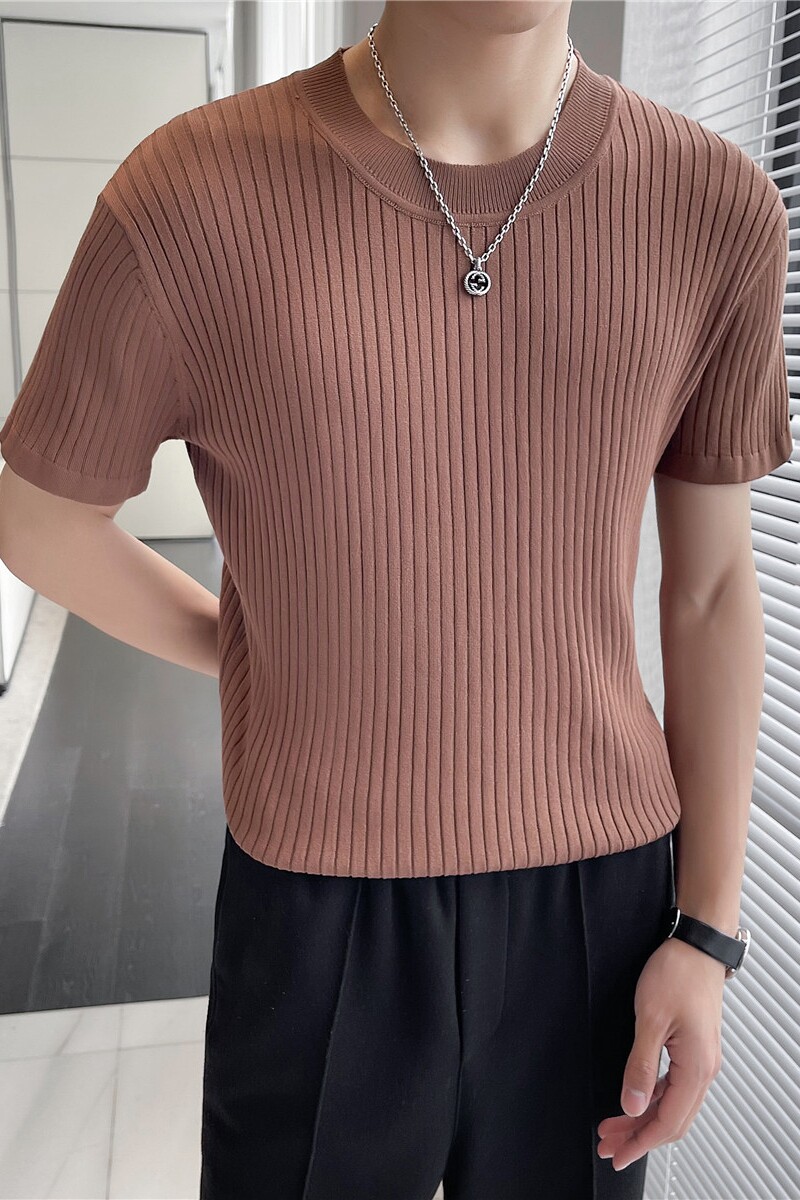 轻熟风~冰丝薄款圆领暗条纹针织短袖修身弹力T恤咖啡色TU268-P53,男装T恤,电商A213