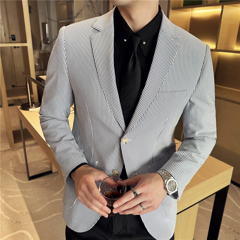 肌理纹质感泡泡纱条纹西装外套轻薄款男西服上衣黄色DX8821-P137图片