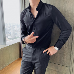 常年卖~四面弹高性价比~男纯色扣领长袖衬衫修身衬衣CS23-P30特图片