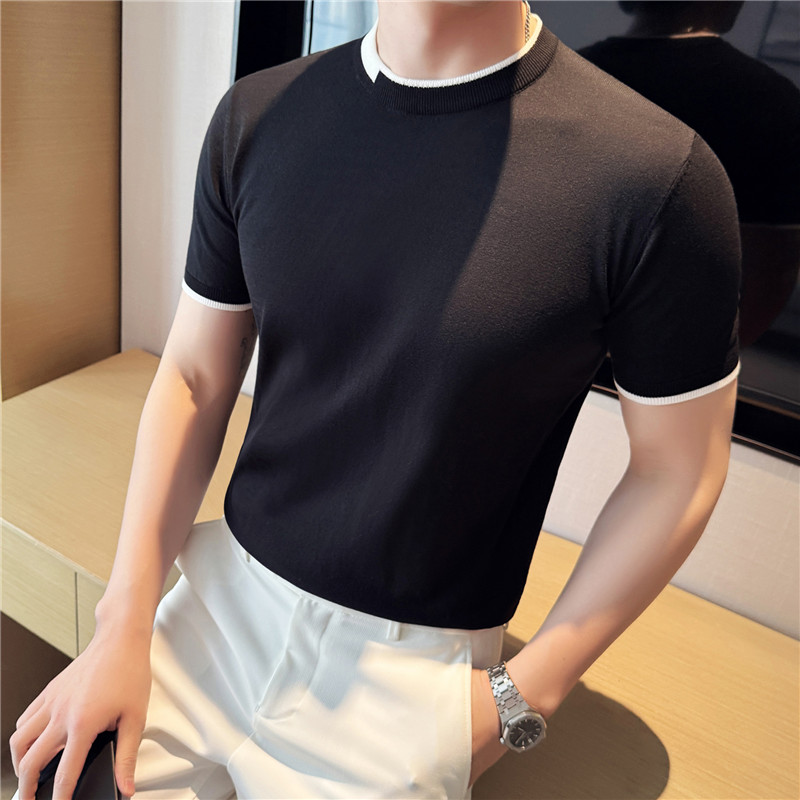 【天丝莱赛尔】假两件针织圆领T恤冰丝薄款撞色打底衫黑色T18-P63，男装T恤，电商A213
