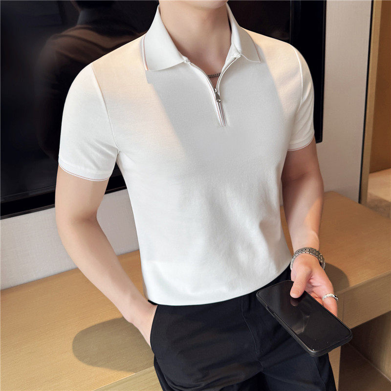半拉链短袖Polo衫时尚翻领薄款休闲冰丝弹力T恤咖啡色PL2710-P57，男装Polo衫，电商A213