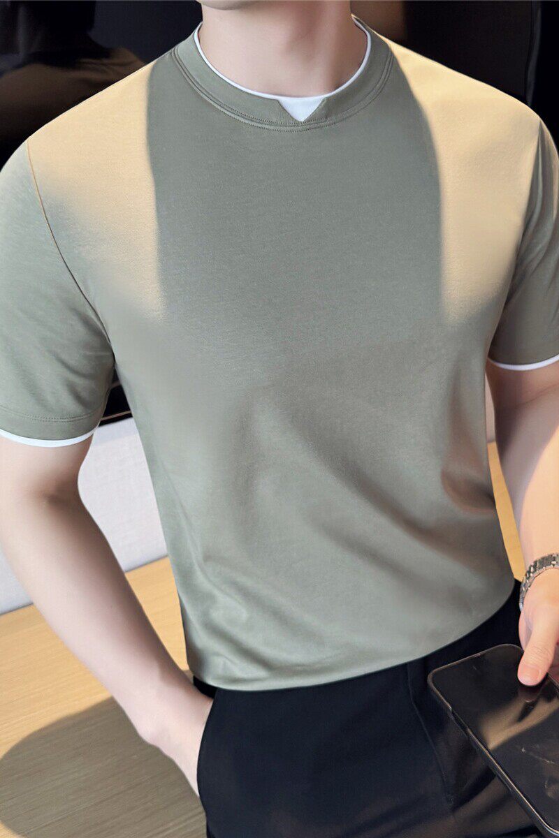 夏季薄款液氨棉时尚假两件短袖T恤男亲肤凉感打底衫拼色T2823-P57,男装T恤,电商A213