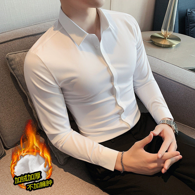 加厚加绒保暖衬衫修身高弹力无痕丝滑男士长袖衬衫JR8630-P88图片
