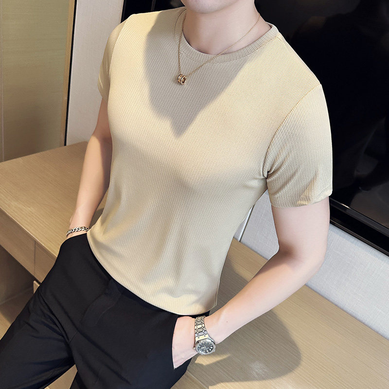 薄款冰丝弹力西条纹修身短袖T恤男高级感圆领打底衫白色TH005-P35,男装T恤,电商A213