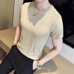 薄款冰丝弹力西条纹修身短袖T恤男高级感圆领打底衫白色TH005-P35图片