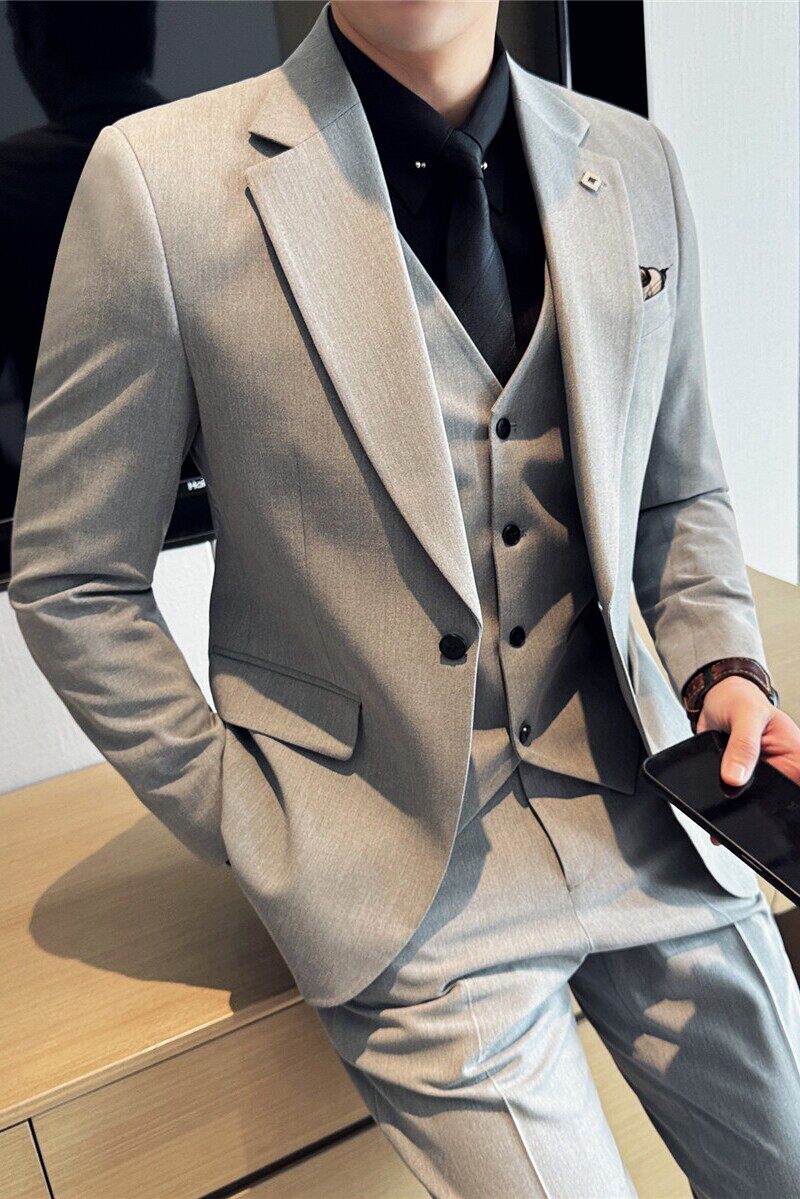 高品质一粒扣西装套装男修身商务西服三件套浅灰色SJT7051-P190特,男装西服套装,电商A213