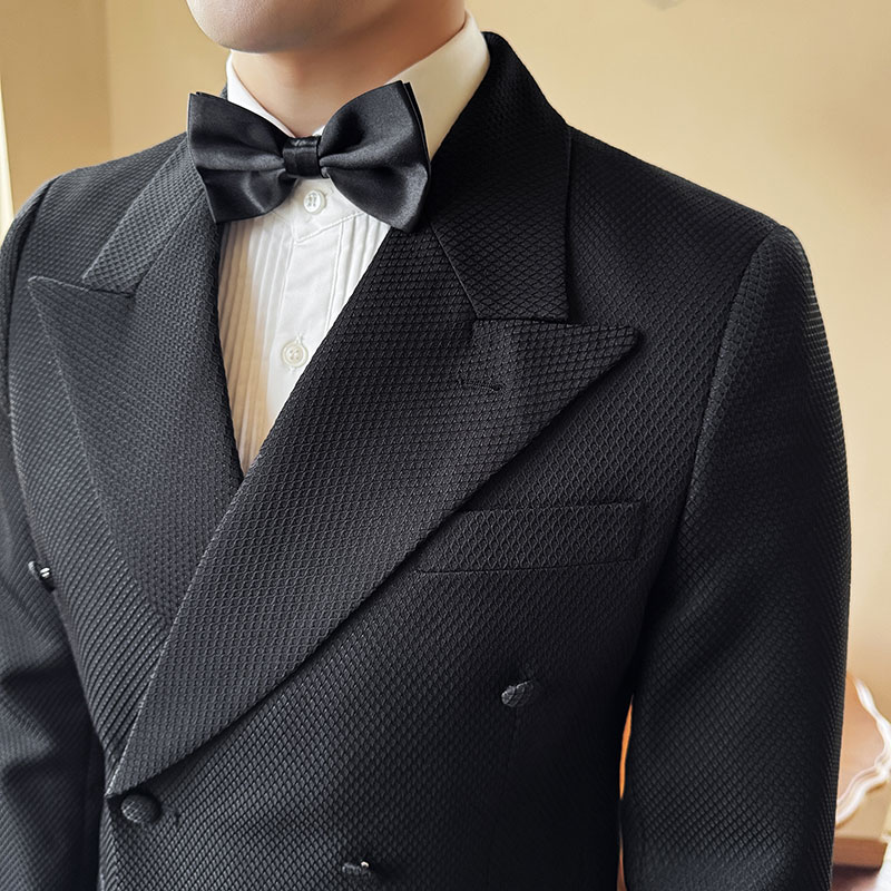 高级感戗驳领双排扣华夫格西服套装男礼服西装两件套LJT6601-P205，男装西服，电商A213