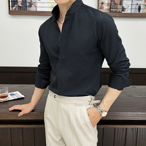 2025春装~新中式立领长袖衬衫男高级感弹力泡泡纱衬衣CL651-P68图片