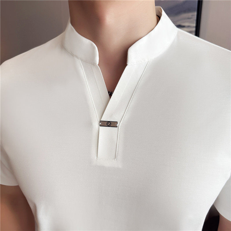 新中式立领高弹力短袖POLO衫高级感无痕压胶翻领T恤PL2816-P63，男装Polo衫，电商A213