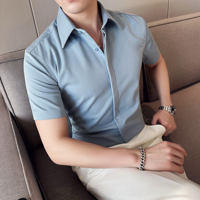 夏季网红暗门襟尖领衬衫男短袖帅气商务休闲男衬衣白色C2303-P58,男装T恤,电商A213