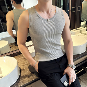 高级感坑条针织背心男无袖紧身T恤修身弹力内搭背心灰色BX002-P53图片