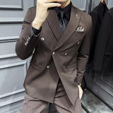 高级感色织西服戗驳领双排扣条纹西装三件套男咖啡色SJT8020-P275，男装西服套装，电商A213