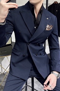新增藏青色~质感枪驳领双排扣西服套装修身西装两件套LJT412-P215图片