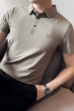 英伦风~暗条纹高弹冰丝翻领无痕T恤男士短袖POLO衫卡其色PL03-P60，男装T恤，电商A213