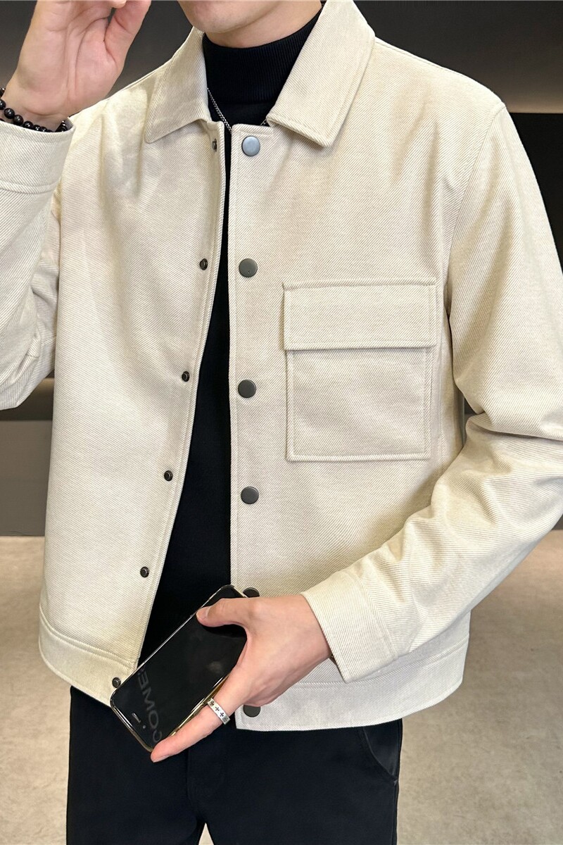 高级感毛呢夹克外套男士修身翻领短款休闲夹克杏色JK7010-P138,男装夹克,电商A213