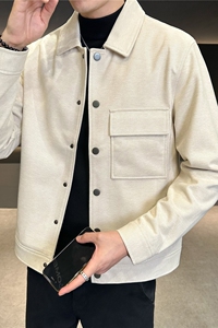 高级感毛呢夹克外套男士修身翻领短款休闲夹克杏色JK7010-P138图片