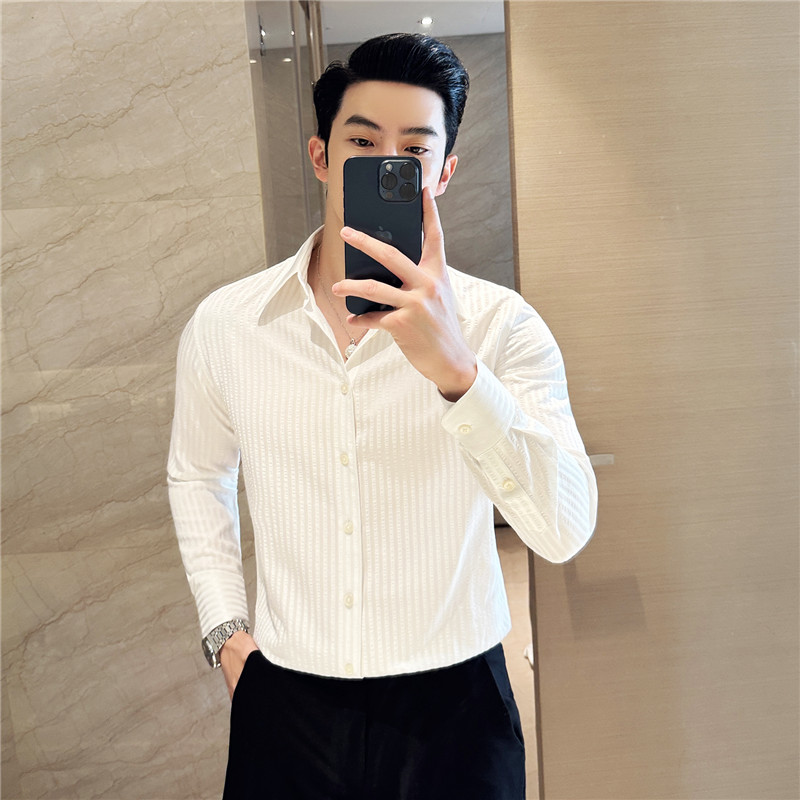 高级感暗纹长袖衬衫男立体竖条纹弹力泡泡纱衬衣绿色CH903-P73,男装衬衫,电商A213