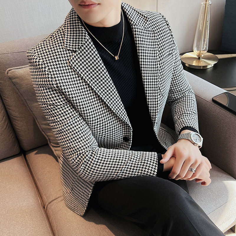 加厚西装外套男秋冬季潮流修身黑白拼接千鸟格子西服男DX916-P138,男装西服,电商A213