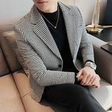 加厚西装外套男秋冬季潮流修身黑白拼接千鸟格子西服男DX916-P138，男装西服套装，电商A213
