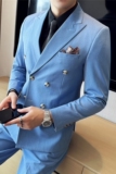 高品质西服戗驳领双排扣纯色西装三件套男蓝色SJT8016-P275，男装西服套装，电商A213