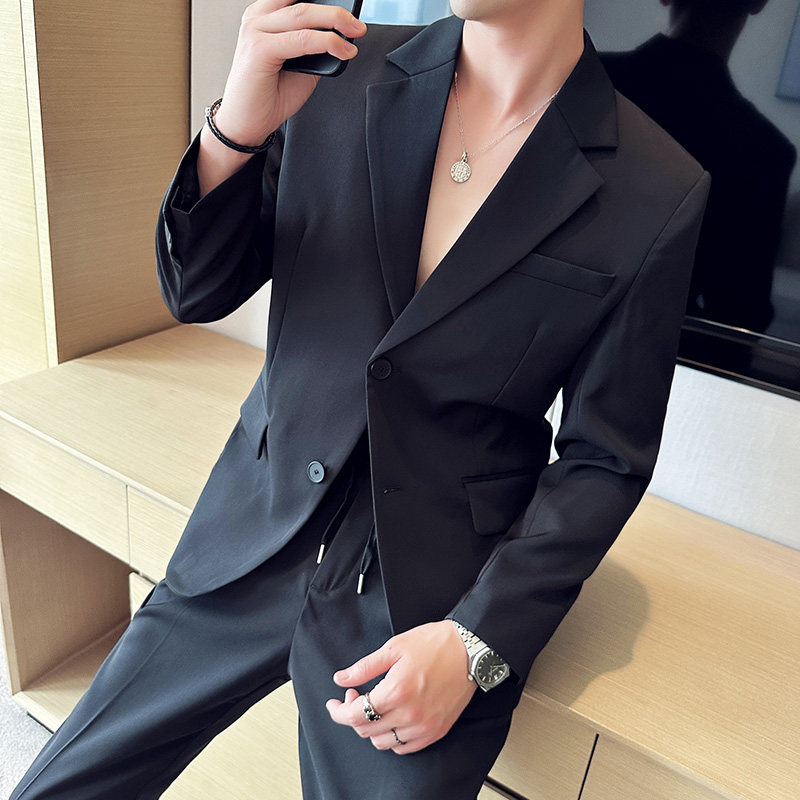 英伦风高级感西服套装男微阔垂感西装两件套黑色LJT5507-P235,男装西服套装,电商A213