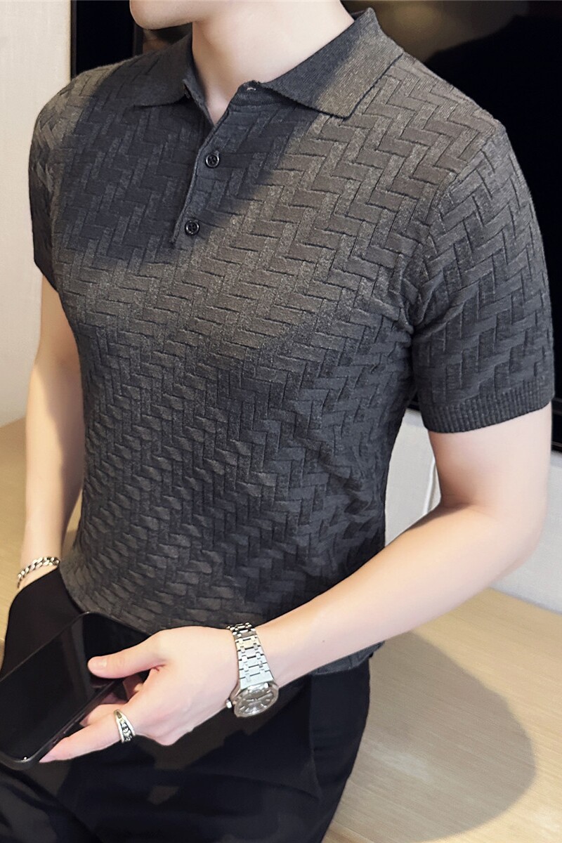 夏季冰丝薄款格纹针织翻领短袖男T恤修身Polo衫灰色PL97131-P63,男装T恤,电商A213