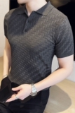 夏季冰丝薄款格纹针织翻领短袖男T恤修身Polo衫灰色PL97131-P63，男装T恤，电商A213