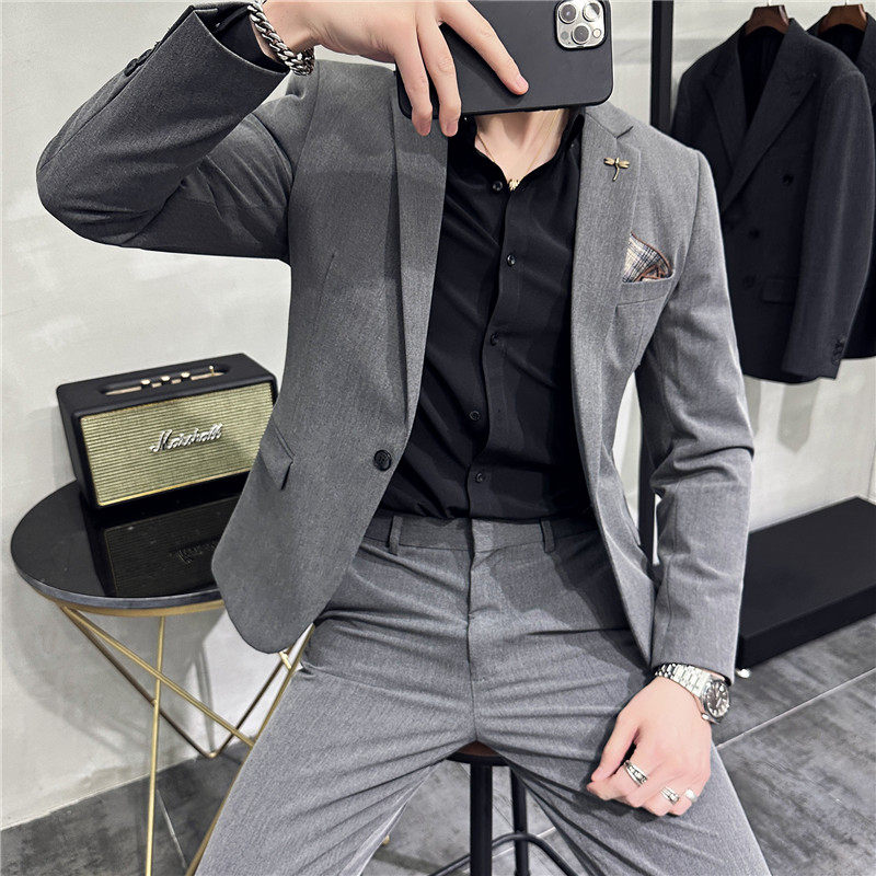 高级感纯色小西装修身大码两件套男时尚休闲西服套装LJT105-P210图片