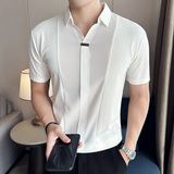 高弹V领短袖POLO衫男华夫格拼接冰丝无痕翻领T恤黑色T2420-P63，男装T恤，电商A213