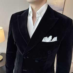 帅气戗驳领双排扣男礼服丝绒西装外套结婚西服上衣DX947-P158图片