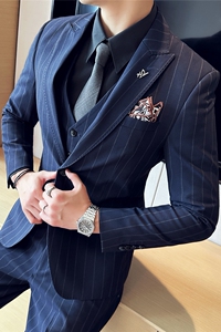 色织高品质面料西服套装条纹一粒扣戗驳领西装三件套SJT8015-P275图片