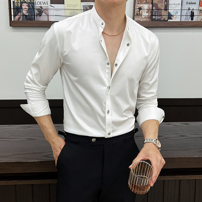 2025春装新款新中式高级感肌理纹立领衬衫男长袖高档衬衣C412-P67图片