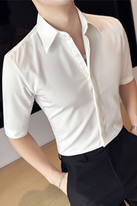 夏季暗门襟大领衬衫男中袖商务休闲男五分袖衬衣白色C2341-P58图片