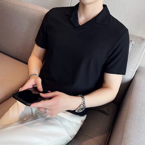 冰丝华夫格V领polo衫翻领短袖男修身有领保罗衫蓝色PL2238-P53图片