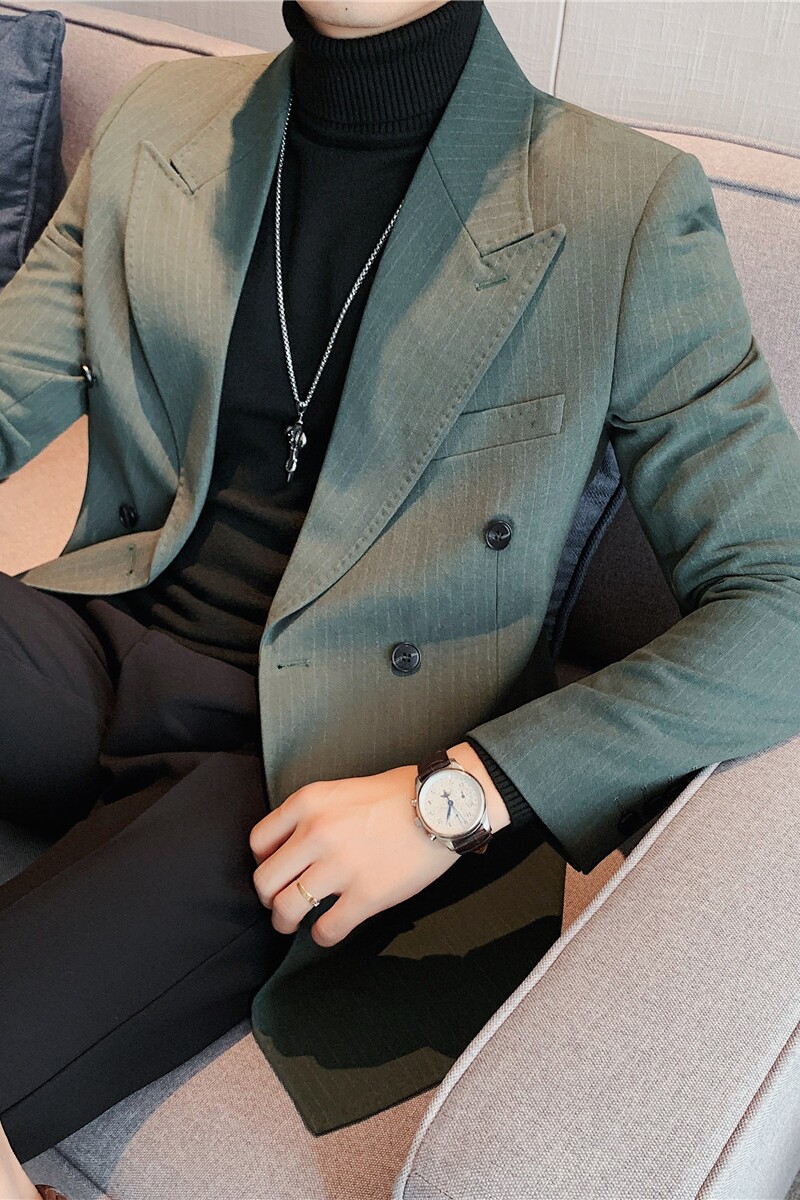 补齐大货~条纹双排扣西服外套男休闲潮流商务西装修身潮DX36-P155,男装西服套装,电商A213