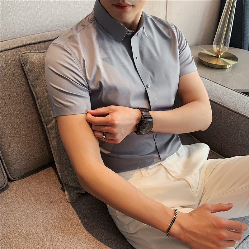 9色~高品质竹纤维无痕压胶弹力衬衫男短袖衬衫黛蓝色C6001-P67,男装衬衫,电商A213
