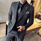 色织高品质面料西服套装戗驳领双排扣条纹西装三件套SJT8020-P275，男装西服套装，电商A213