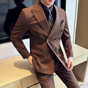 高级感西服套装双排扣戗驳领西装三件套男巧克力色SJT121-P265