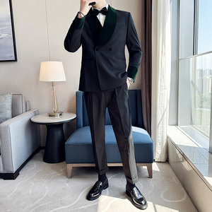 丝绒拼接青果领帅气西服两件套男士西装套装结婚礼服LJT941-P230图片