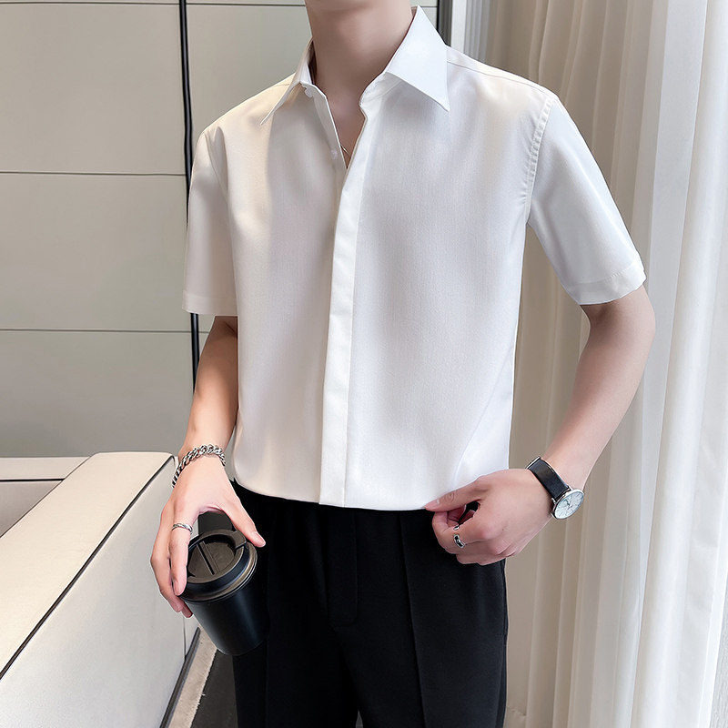 轻熟风~暗门襟尖领衬衫男短袖帅气休闲男衬衣白色C2303-P58,男装T恤,电商A213