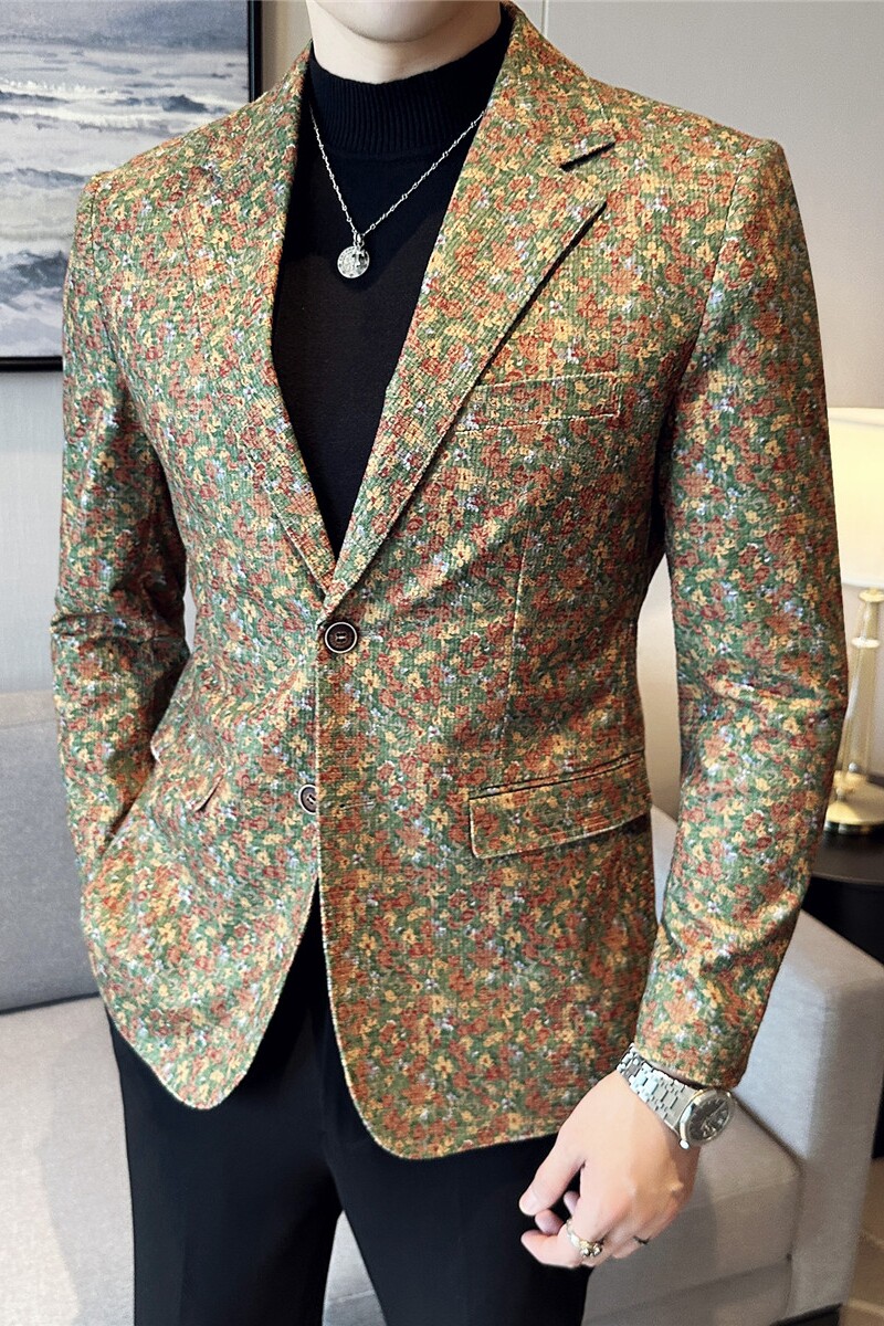高级感花色西服外套男时尚印花西装厚款单西上衣卡其色DX920-P155,男装西服套装,电商A213