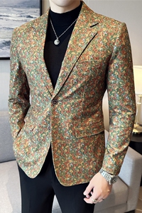 高级感花色西服外套男时尚印花西装厚款单西上衣卡其色DX920-P155图片