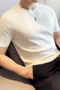 夏季薄款冰丝针织暗条纹短袖T恤弹力坑条圆领体恤白色T8926-P58图片
