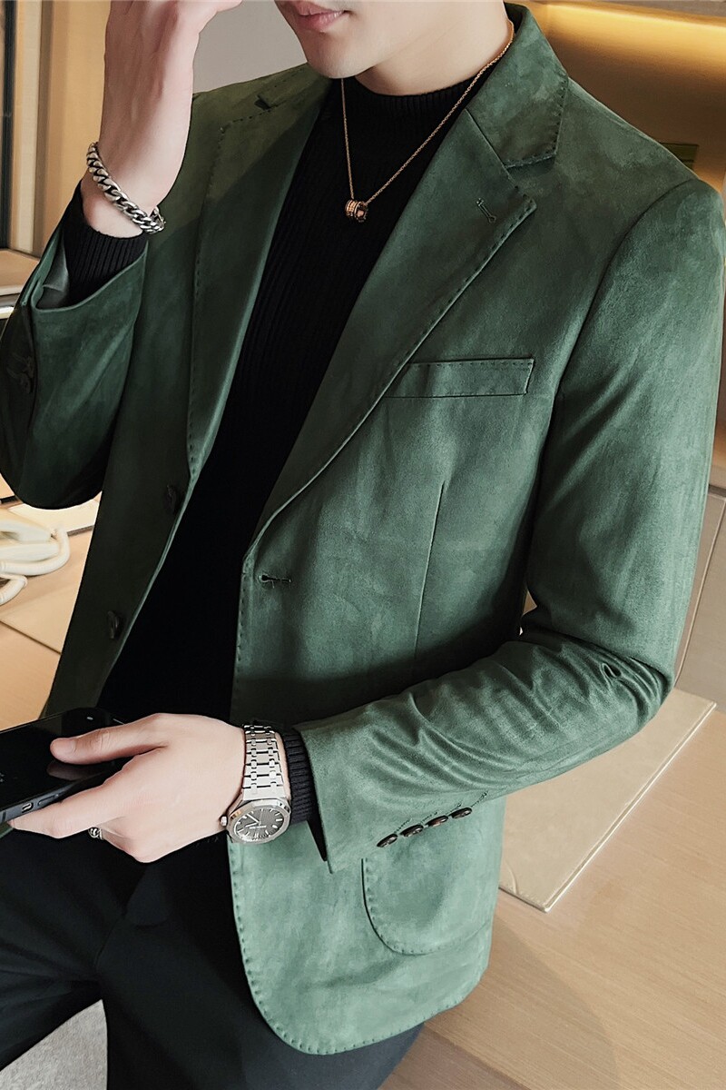 男高级感鹿皮绒厚款西服外套修身时尚西装单西上衣墨绿DX942-P145,男装西服套装,电商A213