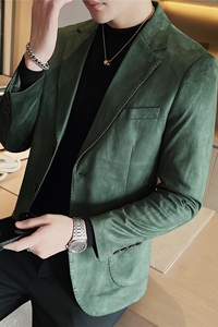 男高级感鹿皮绒厚款西服外套修身时尚西装单西上衣墨绿DX942-P145图片