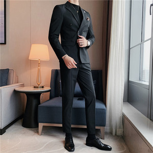 加厚条纹西服套装男痞帅修身双排扣正装结婚西装黑色LJT112-P230图片