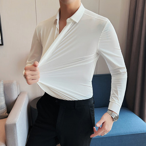 长期做~高弹无痕压胶坠感男士暗扣长袖衬衫男修身衬衣C8642-P78图片