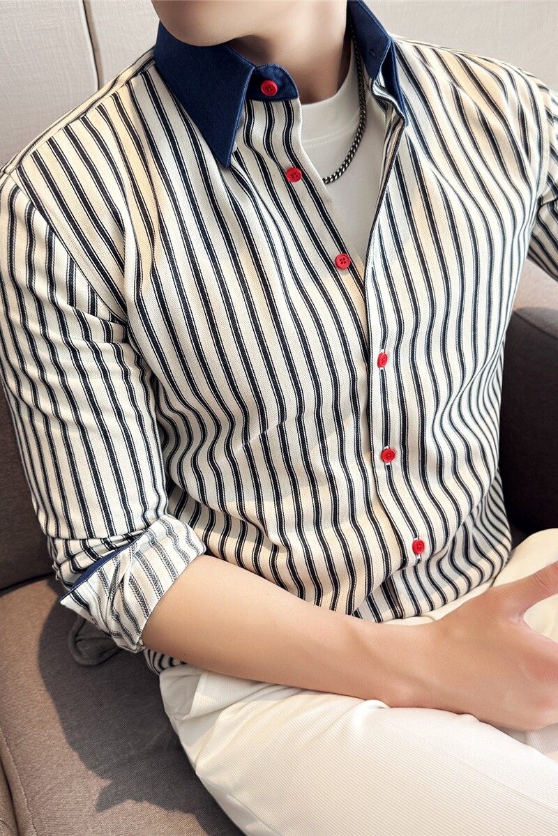 杂志款个性牛仔拼布面料含棉衬衫质感立体条纹衬衫外套C3313-P73,男装衬衫,电商A213