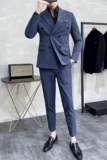 质感戗驳领双排扣西服套装修身高级感条纹西装藏青色LJT152-P230，男装西服套装，电商A213