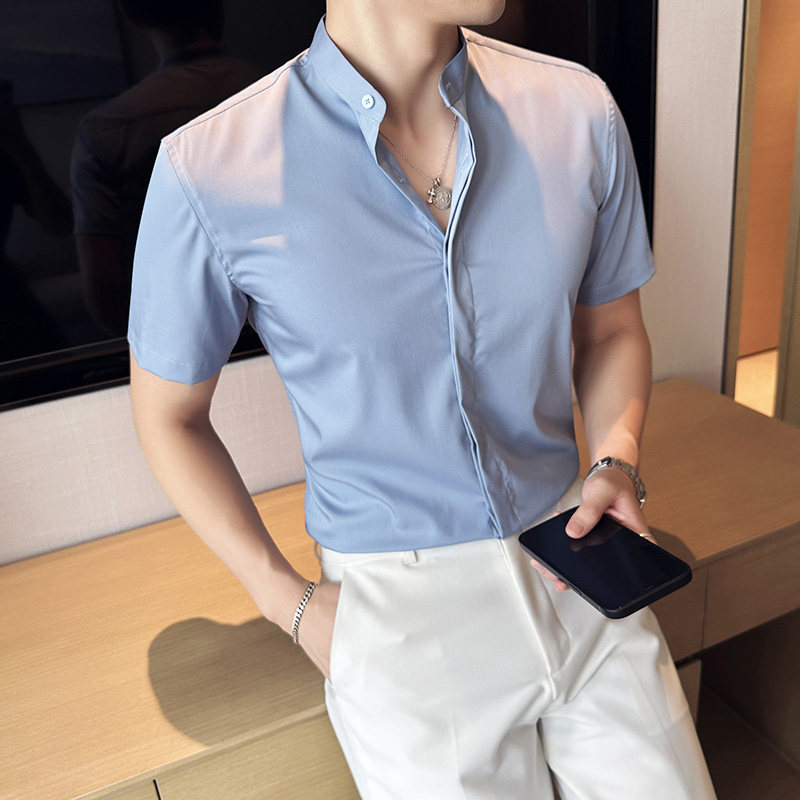 新中式立领衬衫男短袖圆领衬衣休闲时尚衬衣蓝色C2336-P58,男装T恤,电商A213
